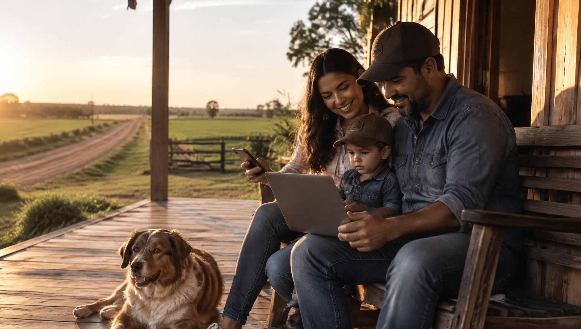 Família na varanda de um sítio usando internet ao pôr do sol